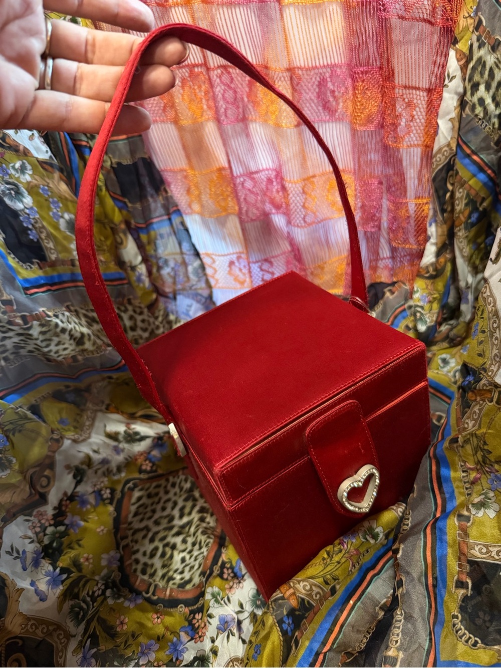 Sony Costumes Red Satin Heart-Accent Box Handbag aged